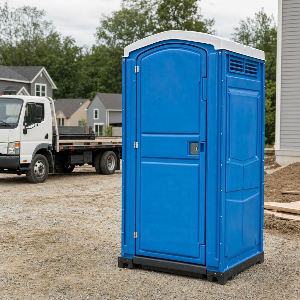 Delivery driver positioning a clean royal-blue portable toilet on level ground at a Mesquite worksite