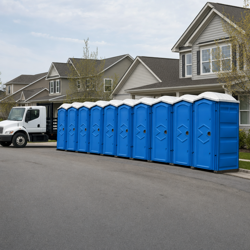 Royal blue portable toilets staged in a tidy row at a Mesquite jobsite, ready for delivery
